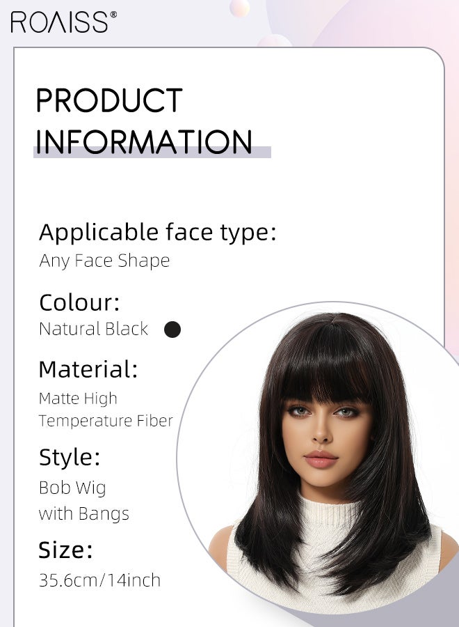 roaiss Natural Black Bob Straight Hair Wig with Bangs, Heat Resistant Synthetic Wig for Women, Suitable for Wedding Cosplay Party Daily Wear, Natural Looking, 35.6cm (14 inches) - Image 3
